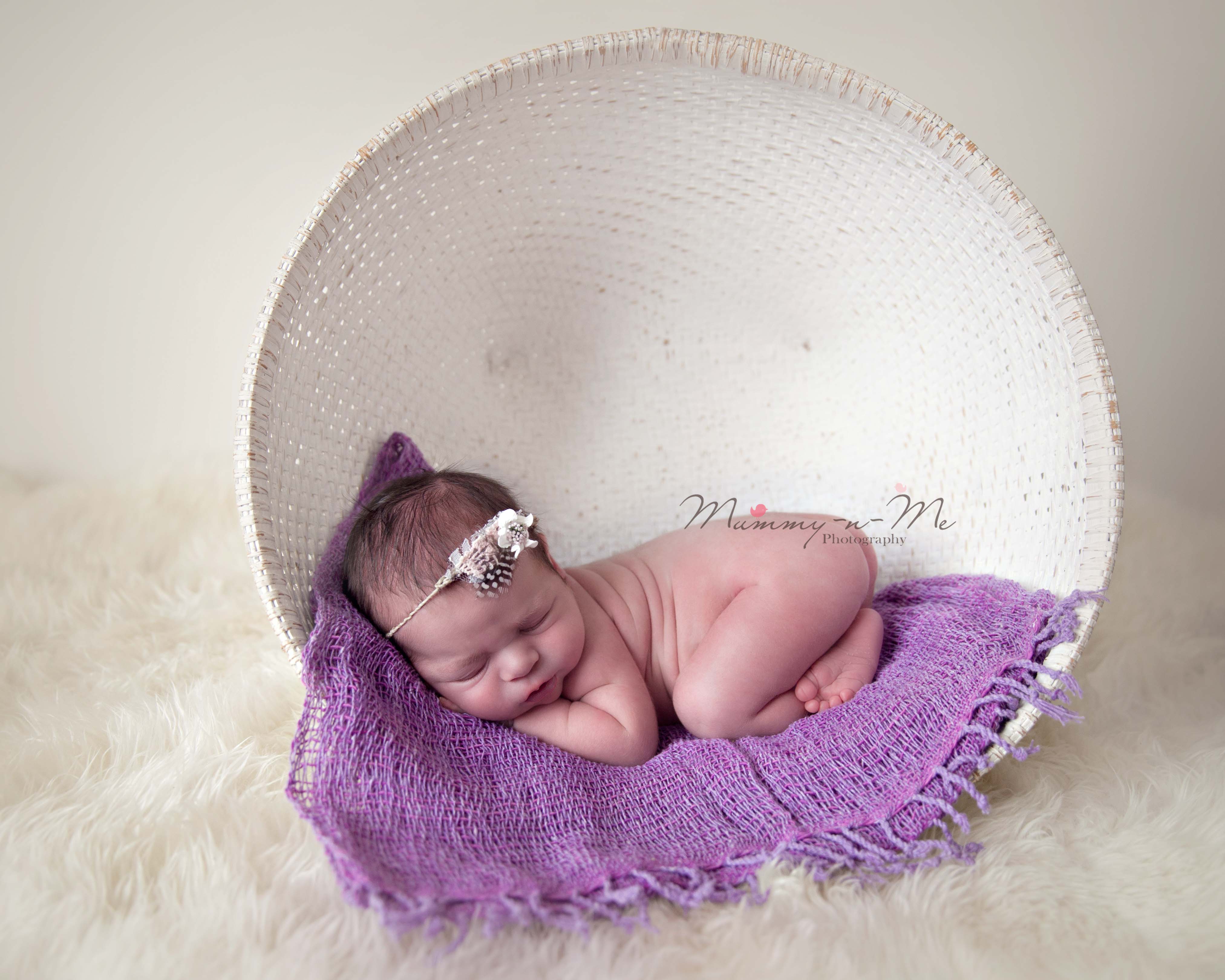 newborn girl in basket with purple wrap brisbane newborn photographer