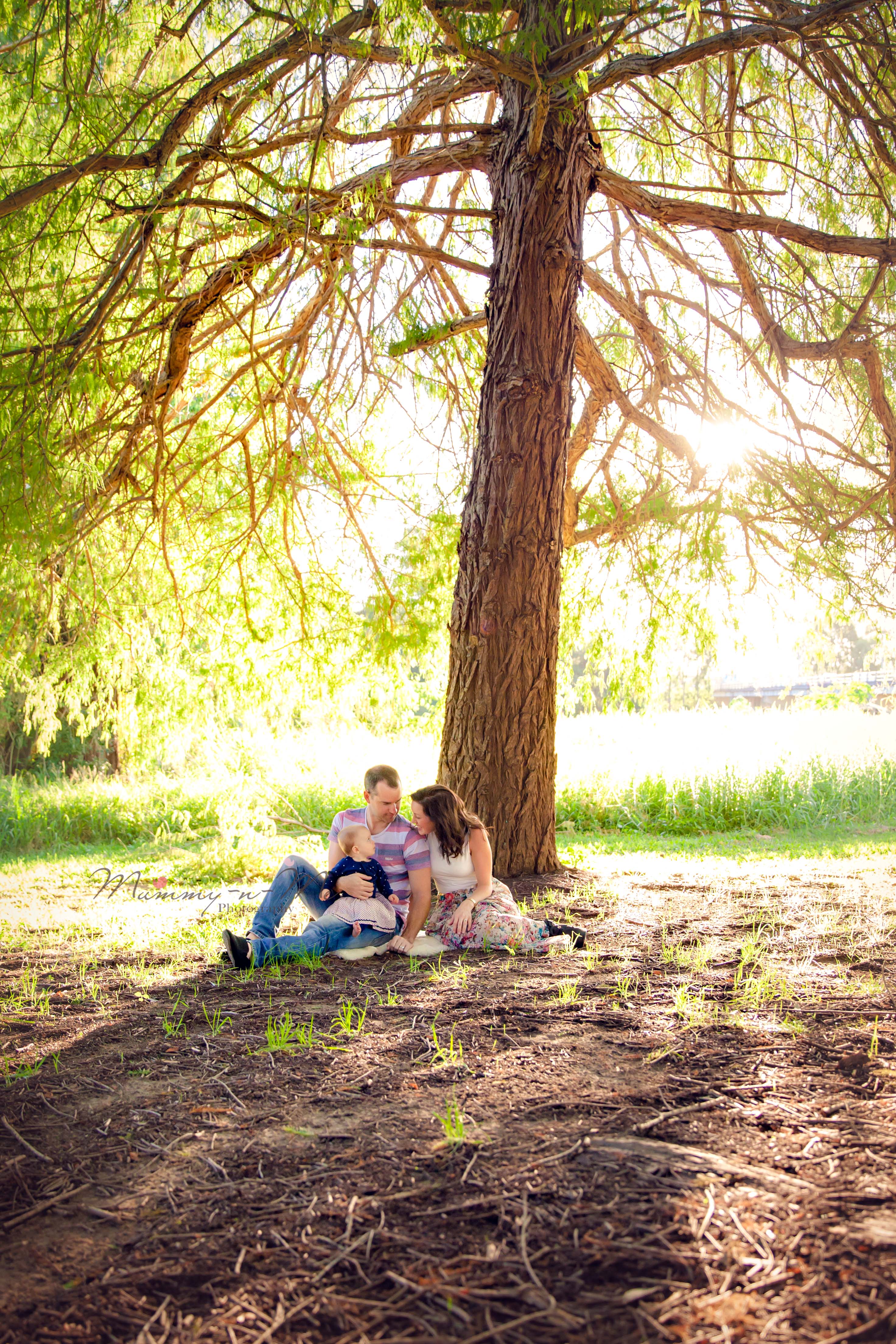 8 month girl with family in front of beautiful big tree at the park brisbane family child baby photographer
