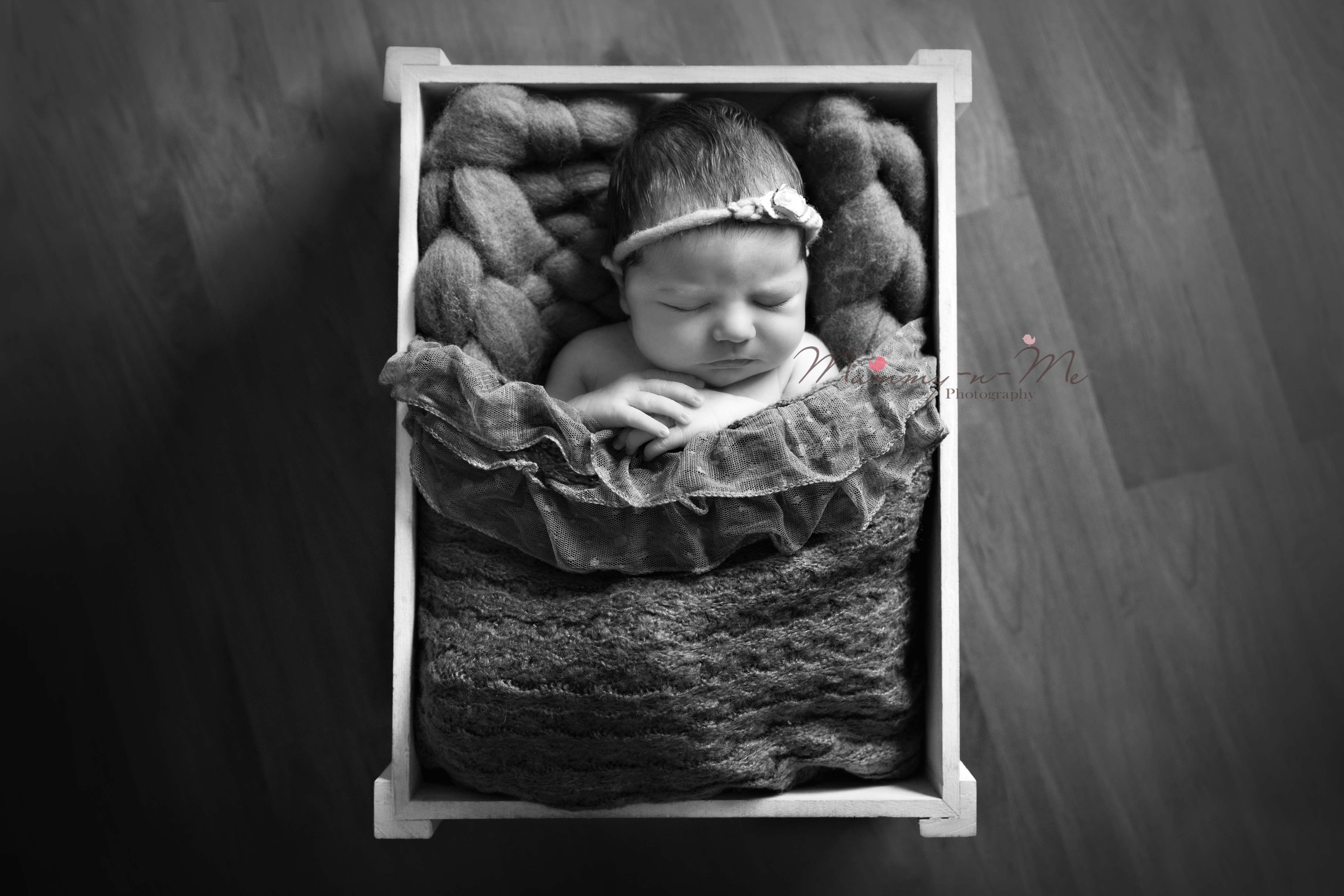 Newborn girl in apple crate on timber floor Brisbane Newborn Family Baby Cake Smash Photographer (2)